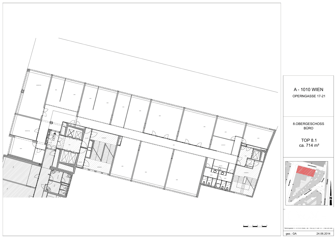 Grundriss des 8. Obergeschosses mit Büroflächen und einer Gesamtfläche von ca. 714 m².