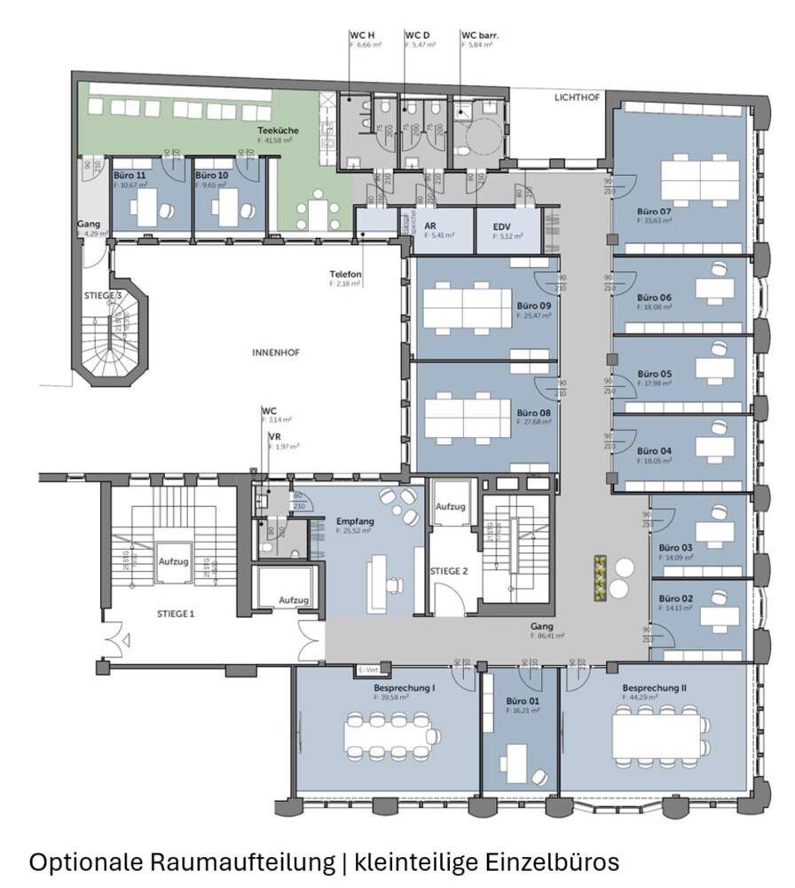 Grundrissplan mit optionaler Raumaufteilung in kleinteilige Einzelbüros und Gemeinschaftsbereiche.