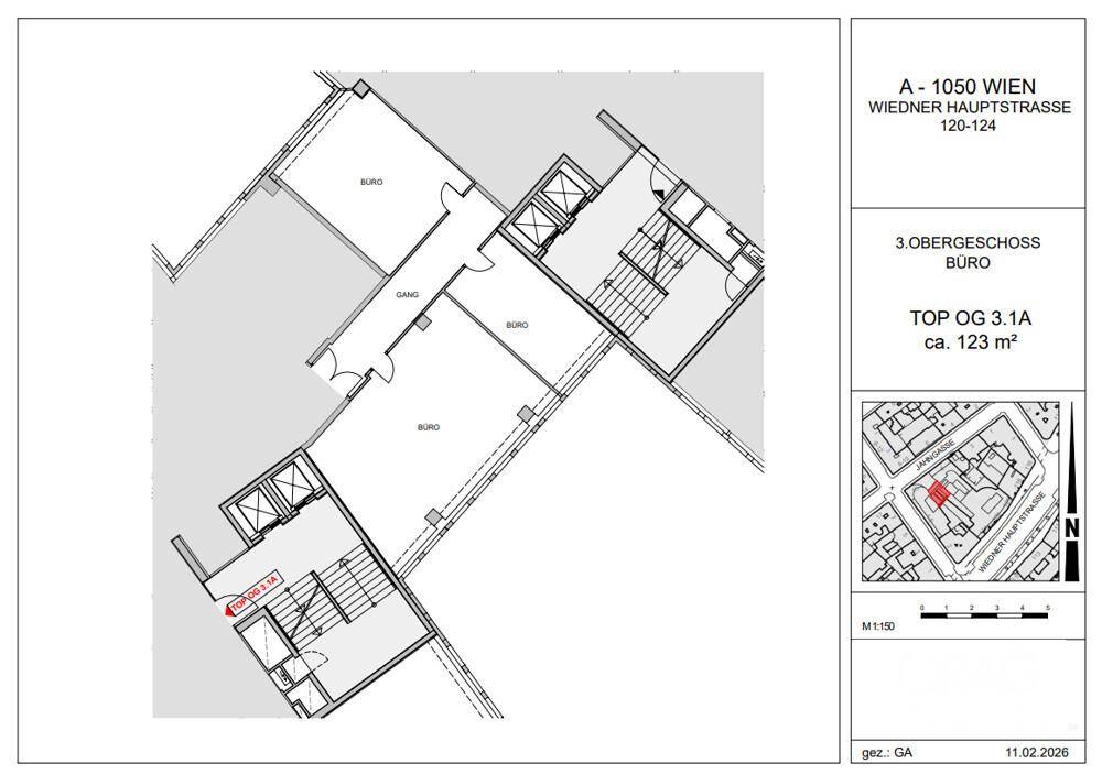 Teilgrundriss des dritten Obergeschosses mit Büros, Flur und Zugang zu Treppen und Aufzügen.