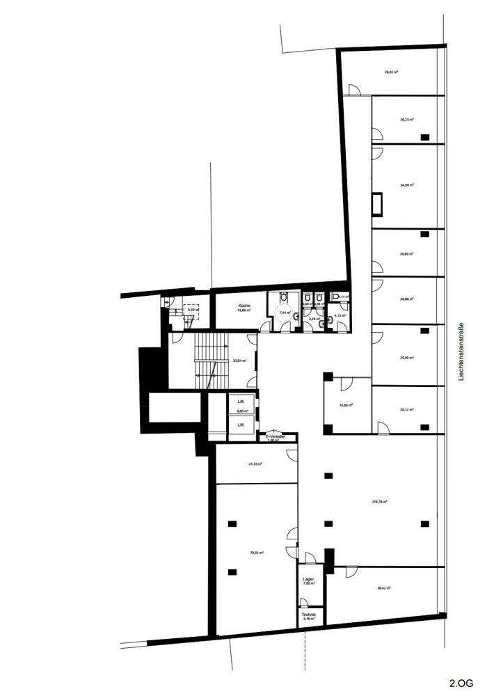Grundriss des zweiten Obergeschosses mit mehreren Büroräumen und Sanitäranlagen.