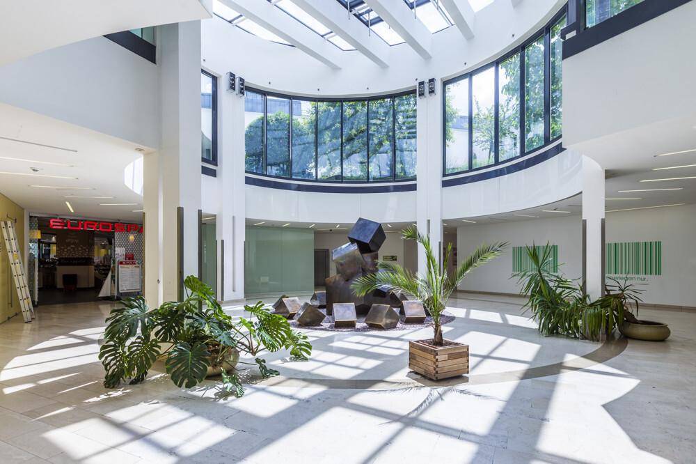 Großzügiges, lichtdurchflutetes Atrium mit Pflanzen, einer geschwungenen Glasfassade und moderner Kunstinstallation.