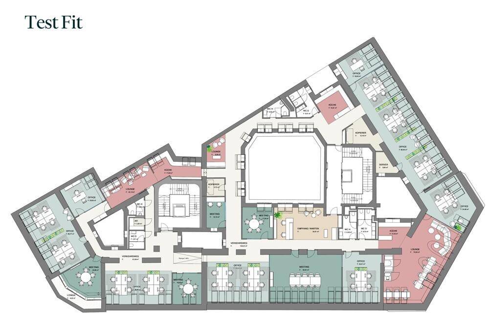Detaillierter Grundriss mit verschiedenen Bürobereichen, Besprechungsräumen und Lounges.