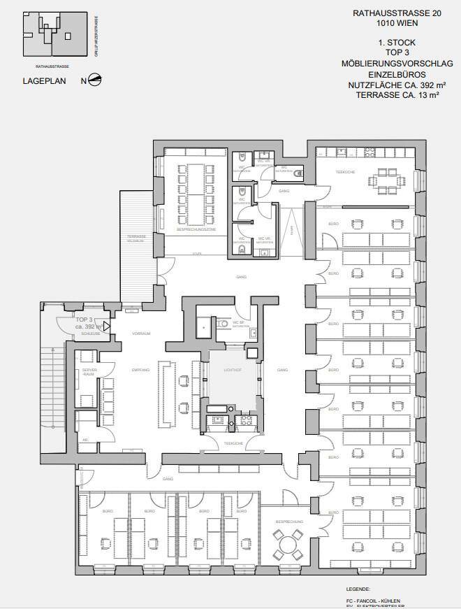 Grundriss des ersten Stocks, Top 2, mit Büros und einer Terrasse von ca. 13 m².