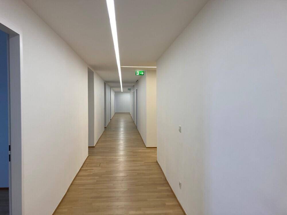 Langer, moderner Flur mit Holzboden und durchgehender Deckenbeleuchtung.