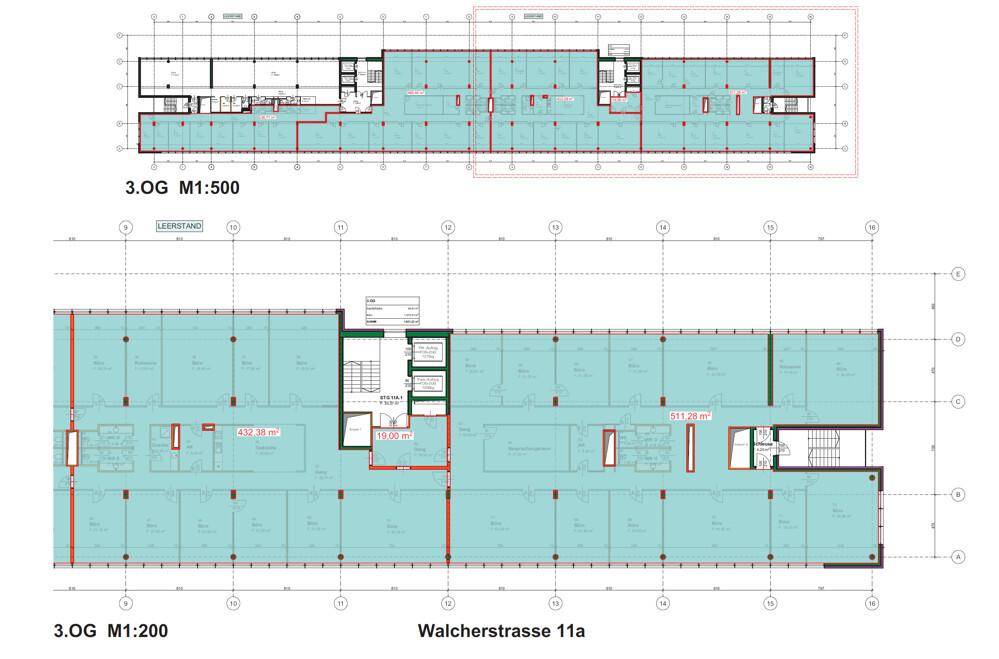 Grundriss des 3. Obergeschosses in der Walcherstraße 11a mit flexiblen Büroeinheiten.