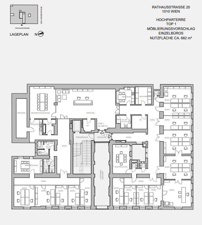 Grundriss des Hochparterres, Top 1, mit Büros und einer Terrasse von ca. 13 m².