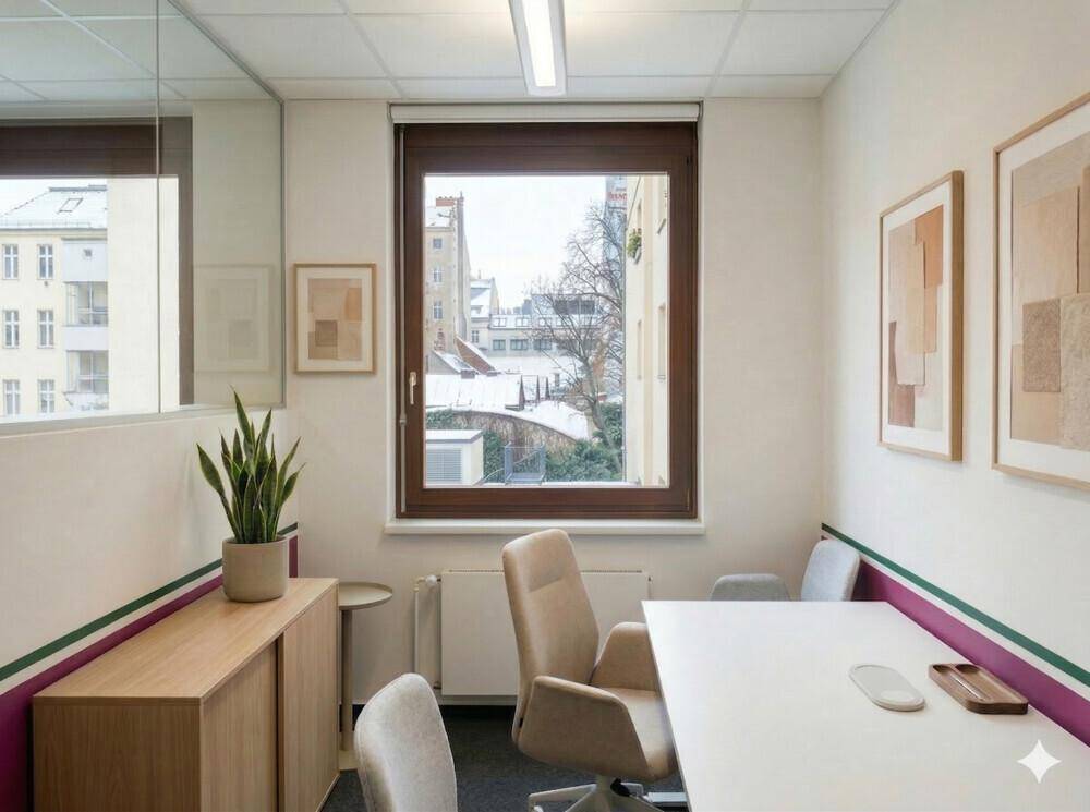 Kleiner, heller Büroraum mit einem Fenster, das einen Blick auf die umliegenden Gebäude bietet.