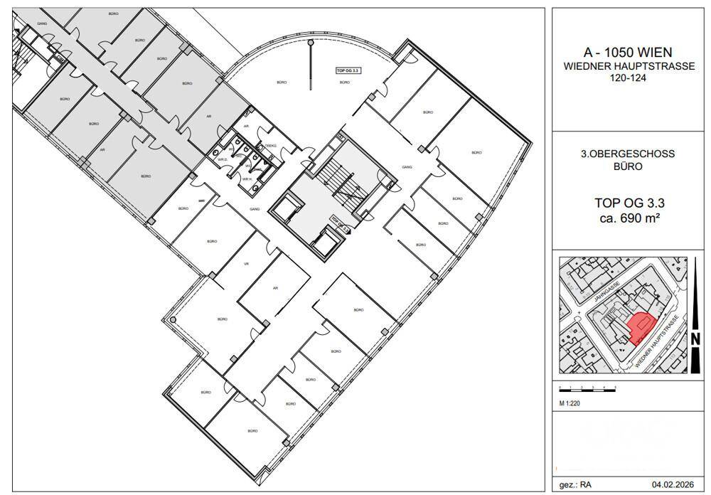 Umfassender Grundriss des dritten Obergeschosses mit zahlreichen Büroeinheiten und zentralem Treppenhaus.