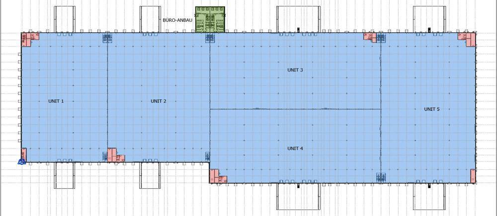 Grundriss des Logistikgebäudes, aufgeteilt in mehrere Einheiten mit Bürobereich.
