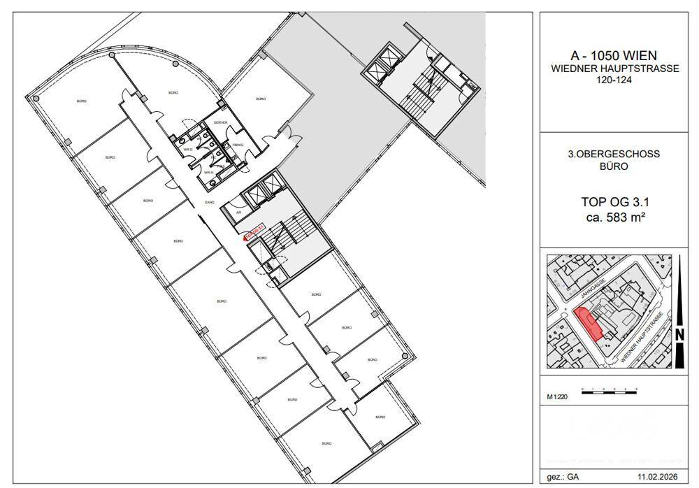 Grundriss des dritten Obergeschosses mit mehreren Büroräumen, Toiletten und Treppenhaus.