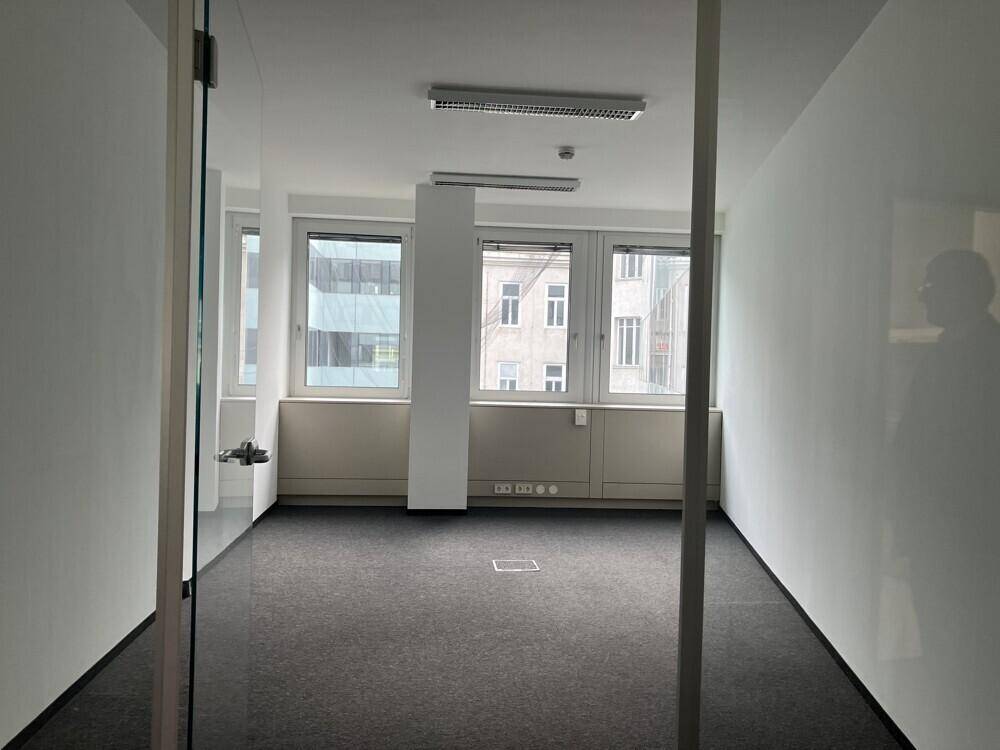 Leerer Büroraum mit grauem Teppichboden und großen Fenstern, die viel Tageslicht hereinlassen.