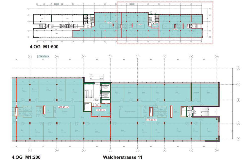 Grundriss des 4. Obergeschosses in der Walcherstraße 11 mit flexiblen Büroeinheiten.