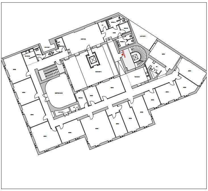 Detaillierter Grundriss einer Büroetage mit zahlreichen Räumen, Treppenhaus und Aufzug.