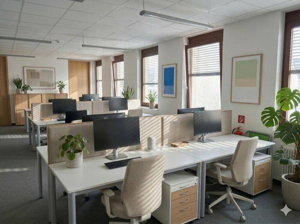 Großes, offenes Büro mit vielen Arbeitsplätzen, natürlichem Licht und modernen Möbeln.