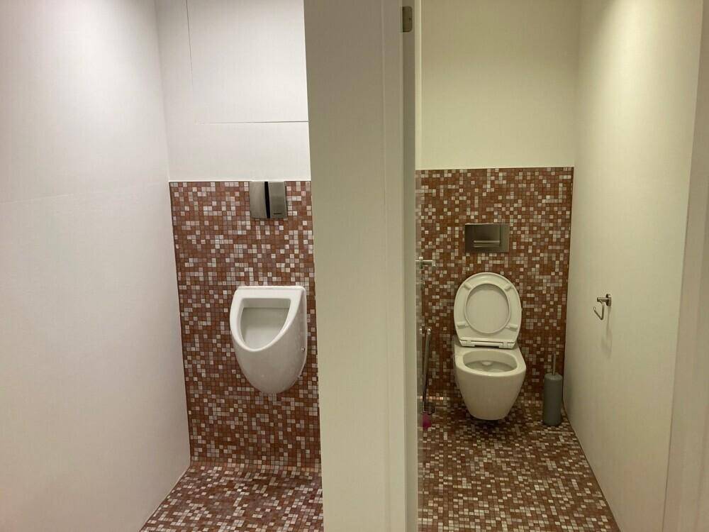 Moderner Toilettenbereich mit Urinal und WC, verziert mit braunen Mosaikfliesen an Wand und Boden.