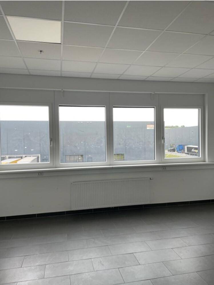 Heller Büroraum mit vier großen Fenstern, die viel Tageslicht hereinlassen, und Heizkörpern darunter.