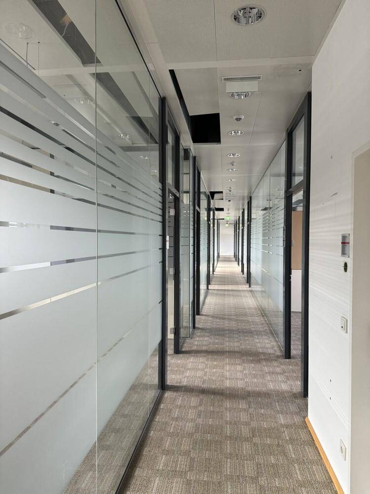 Langer Bürogang mit Glaswänden, die einzelne Büros abtrennen und für viel Licht sorgen.