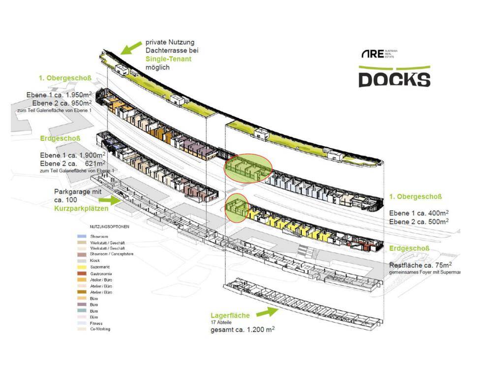 Ein detaillierter architektonischer Plan des Gebäudekomplexes mit Flächenangaben und verschiedenen Nutzungsoptionen.