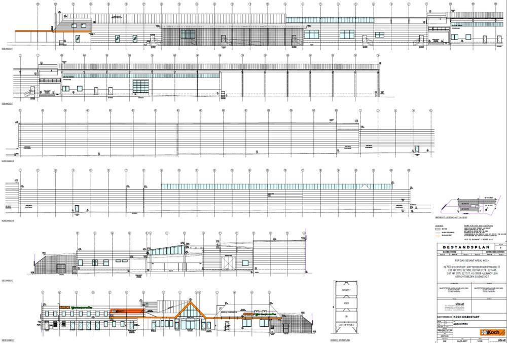 Architektonische Schnitt- und Ansichtspläne eines Gebäudes mit detaillierten Fassadenelementen und Fensteranordnungen.