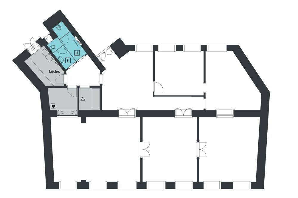 Grundriss einer Wohnung mit mehreren Räumen, Küche und zwei Bädern.