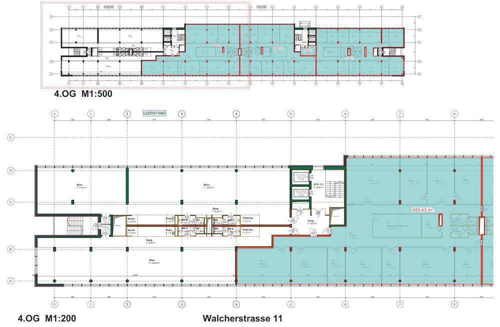 Grundriss des 4. Obergeschosses in der Walcherstraße 11 mit verschiedenen Bürobereichen.