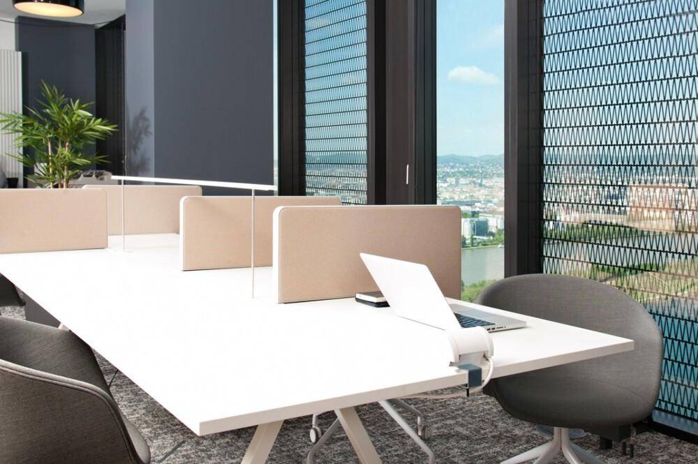 Reihen von Schreibtischen mit Trennwänden und Laptops, mit Blick durch die strukturierten Fenster.