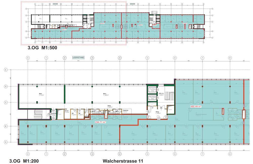 Grundriss des 3. Obergeschosses in der Walcherstraße 11 mit verschiedenen Mietbereichen.