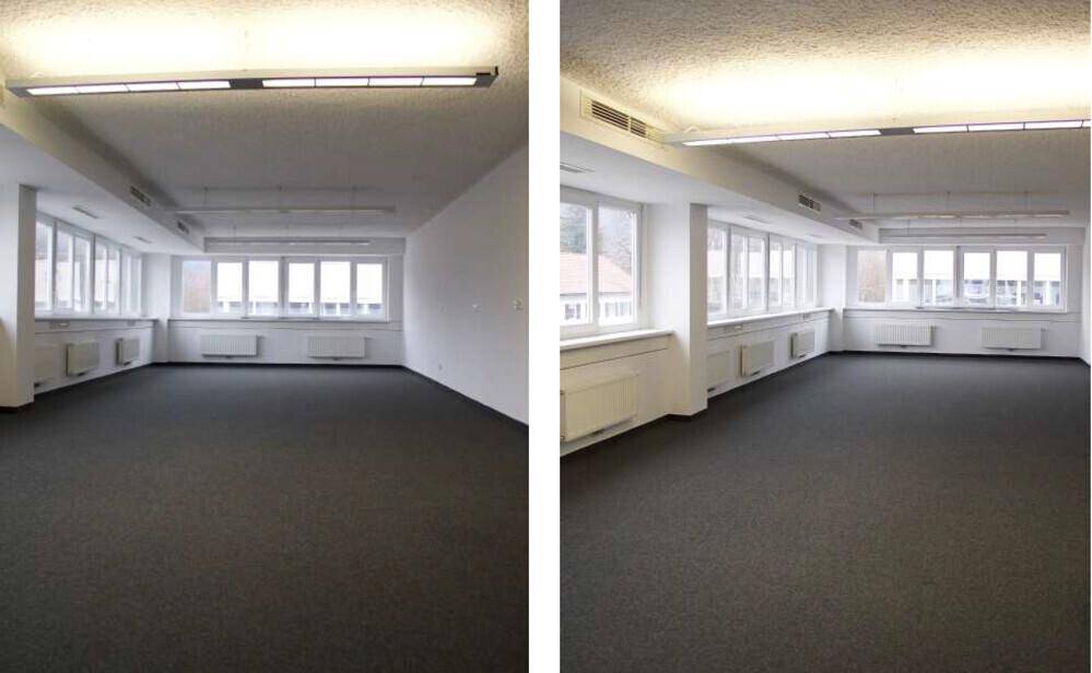 Geräumiger, leerer Büroraum mit vielen Fenstern und Teppichboden, ideal für Großraumbüros.