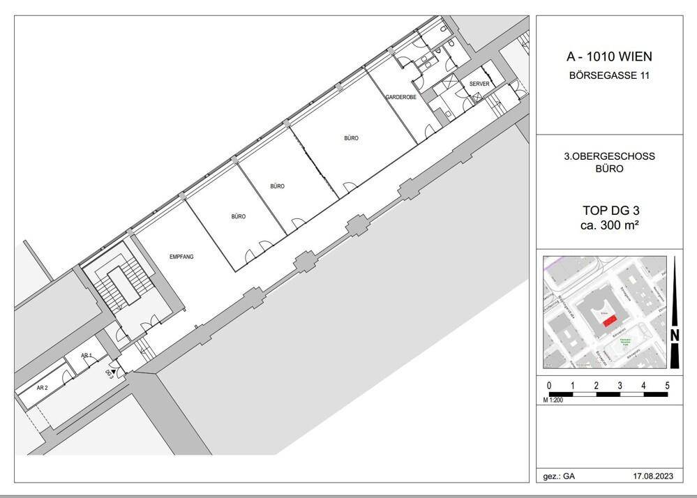 Grundriss eines Büros im 3. Obergeschoss mit Empfangsbereich, Garderobe und Serverraum, ca. 300 m².