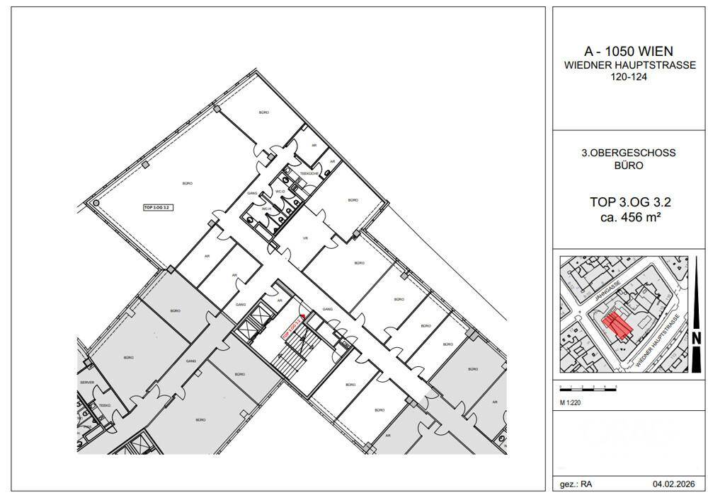 Grundriss eines weiteren Teils des dritten Obergeschosses mit Büros, Sanitäranlagen und Erschließung.