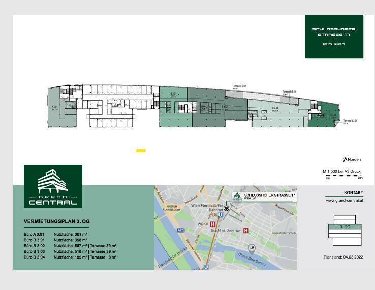 Grundrissplan des dritten Obergeschosses mit verschiedenen Büroeinheiten und Terrassenflächen.
