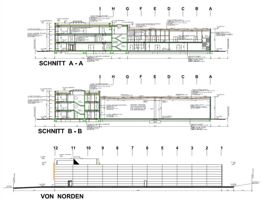 Architektonische Schnitte und eine Nordansicht des Gebäudes mit detaillierten Maßen und Strukturen.