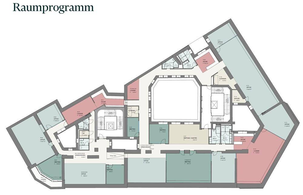 Raumprogramm-Grundriss mit farblich gekennzeichneten Funktionsbereichen für Büros und Besprechungen.
