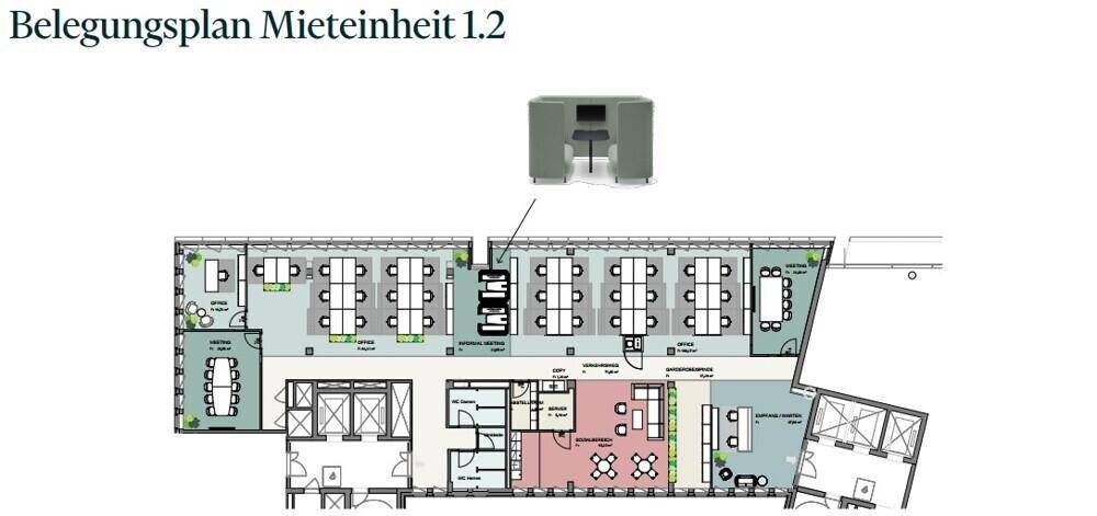 Belegungsplan für Mieteinheit 1.2 mit Großraumbüros und separaten Besprechungsräumen.