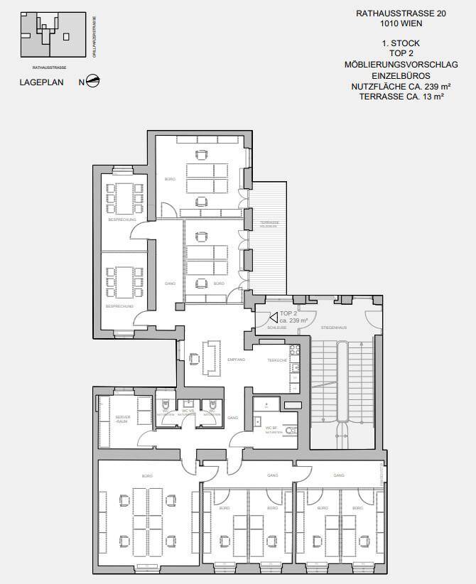 Grundriss des ersten Stocks, Top 2, mit Büros und einer Terrasse von ca. 13 m².