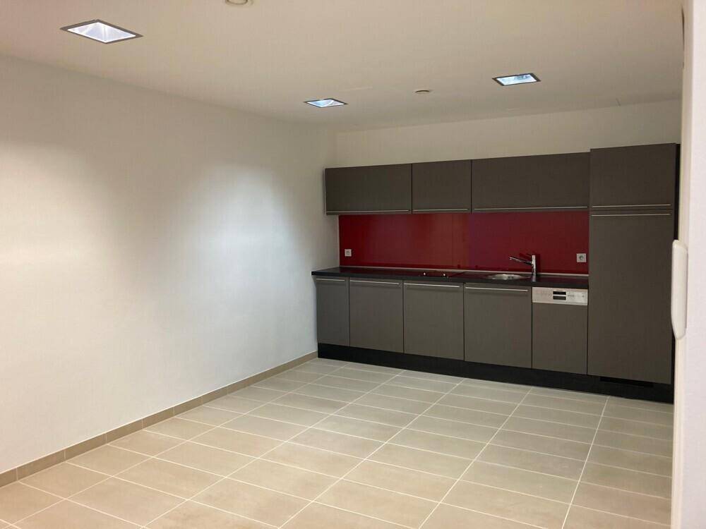 Moderne Küchenzeile mit grauen Schränken, roter Rückwand und integriertem Geschirrspüler.