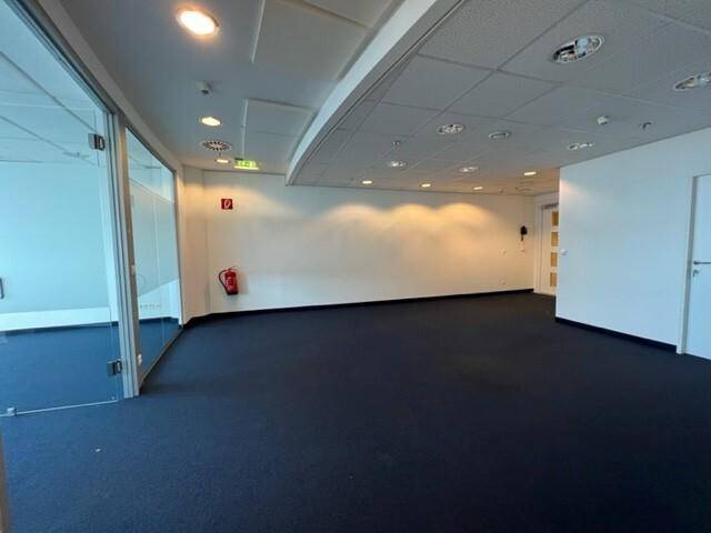 Geräumiger, leerer Bürobereich mit dunkelblauem Teppichboden, weißen Wänden und einer Glaswand.
