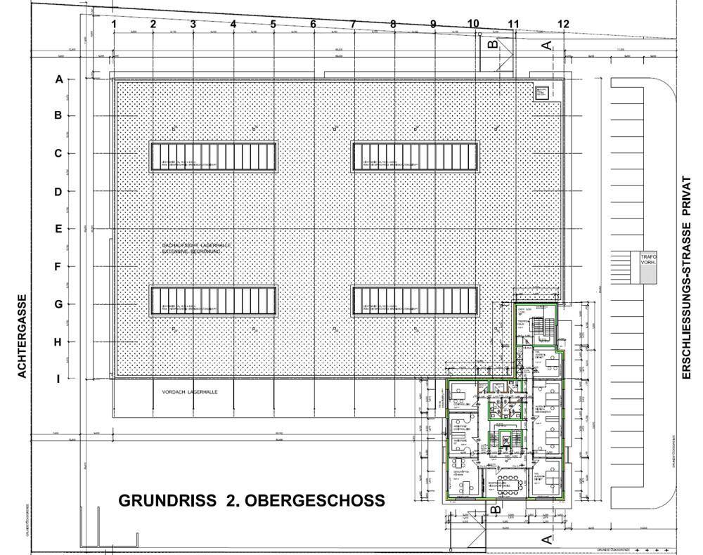 Grundriss des zweiten Obergeschosses mit Lagerflächen und weiteren Bürobereichen für die Nutzung.