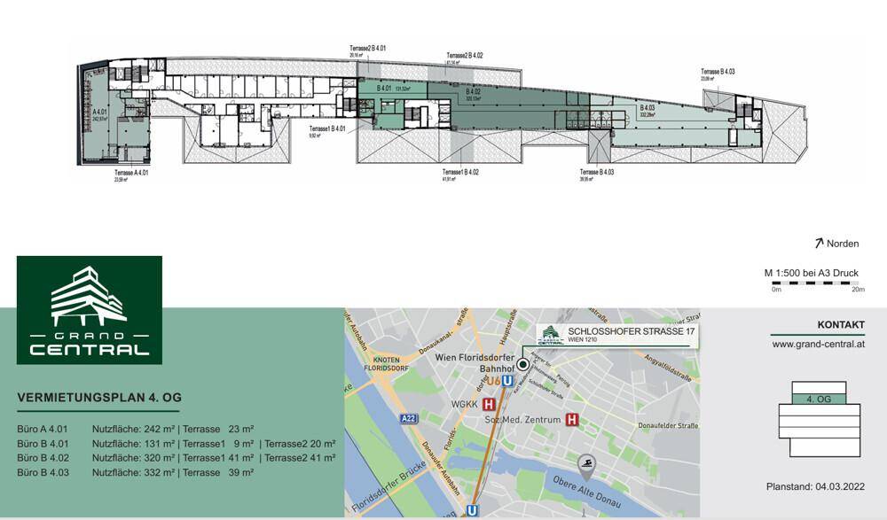 Grundrissplan des vierten Obergeschosses mit verschiedenen Büroeinheiten und Terrassenbereichen.