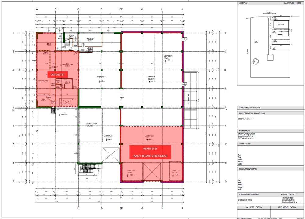 Detaillierter Grundriss eines Gewerbegebäudes mit vermieteten und verfügbaren Flächen.