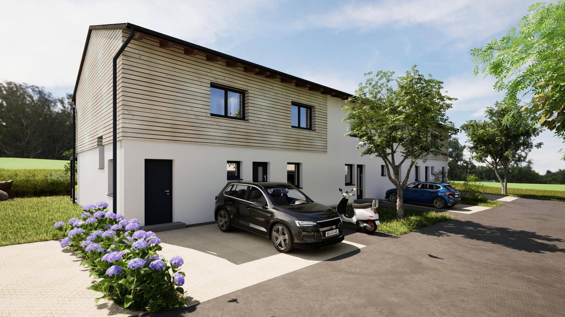 Seitenansicht eines Reihenendhauses mit moderner Fassade, Eingangsbereich und Stellplatz für Fahrzeuge.