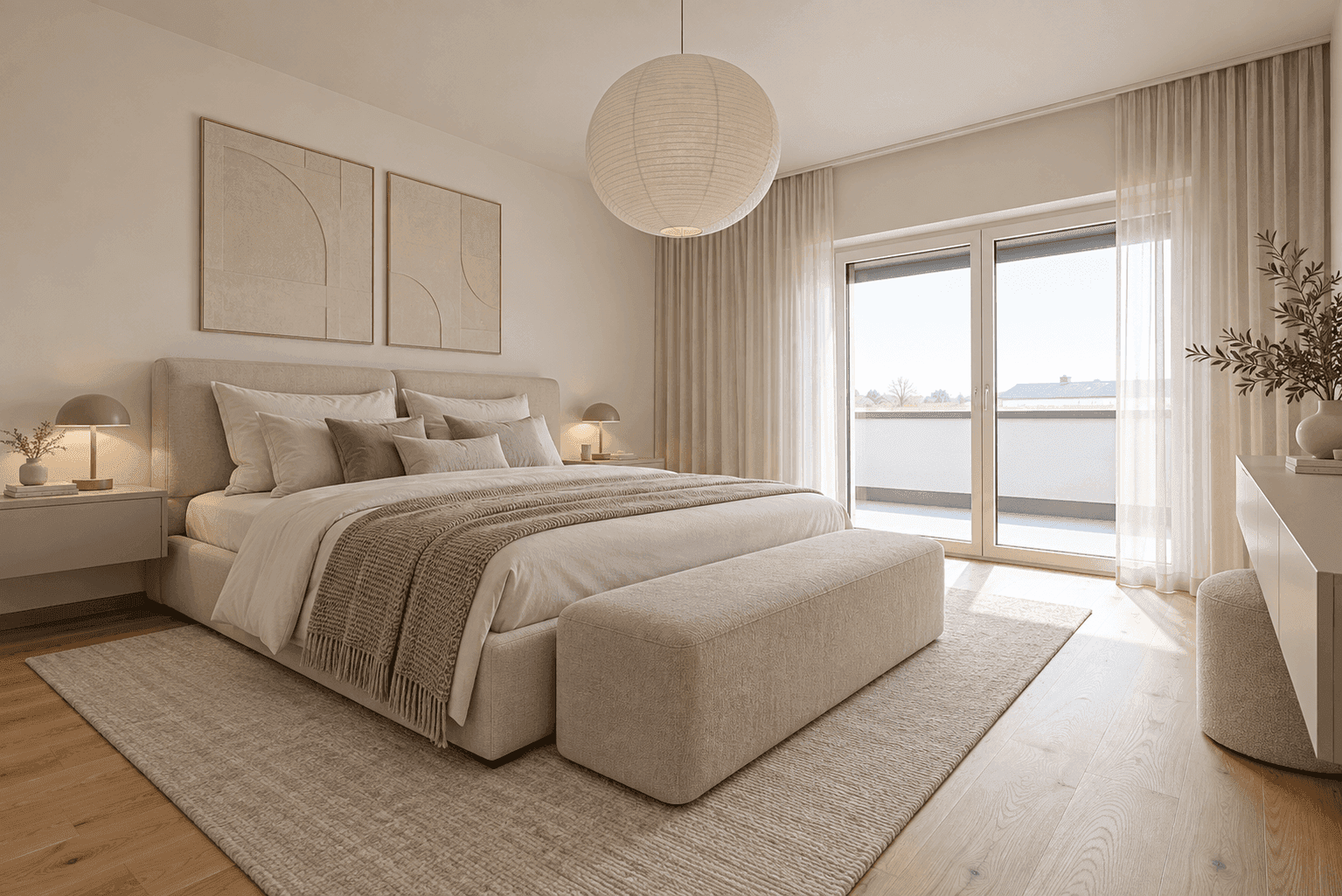 Gemütliches Schlafzimmer mit großem Bett, Holzboden und direktem Zugang zu einem Balkon.