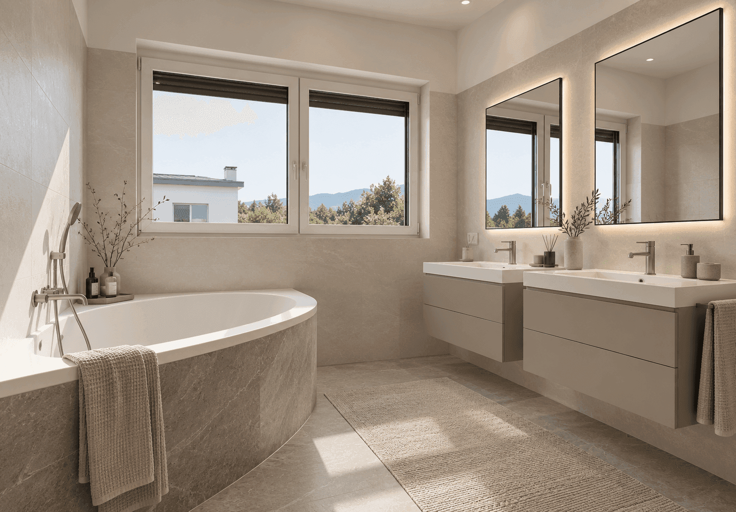 Modernes Badezimmer mit Badewanne, Doppelwaschbecken und Fenster, hell gefliest.