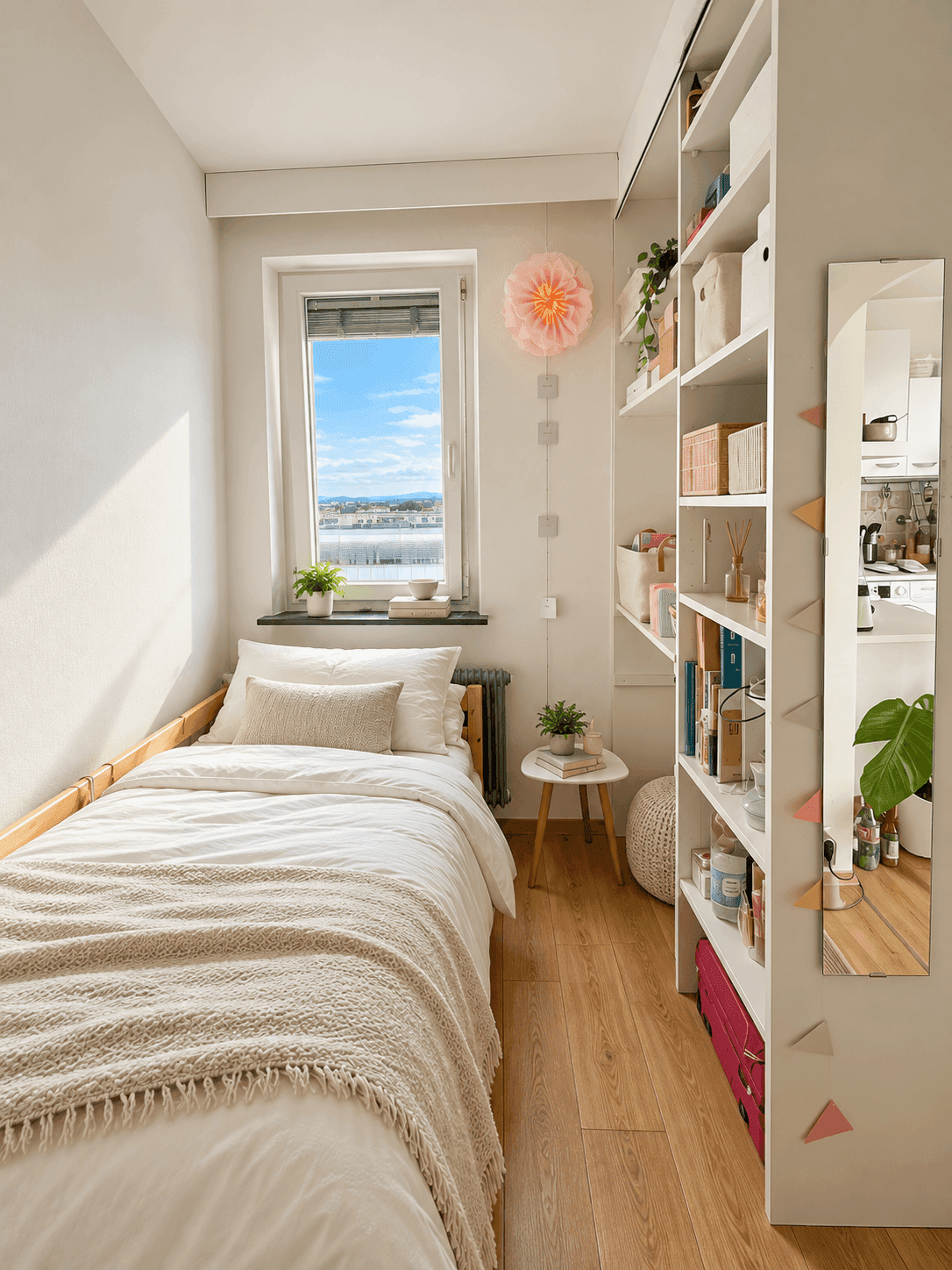 Kleines, helles Schlafzimmer mit Einzelbett, Regal und Fensterblick auf die Umgebung.