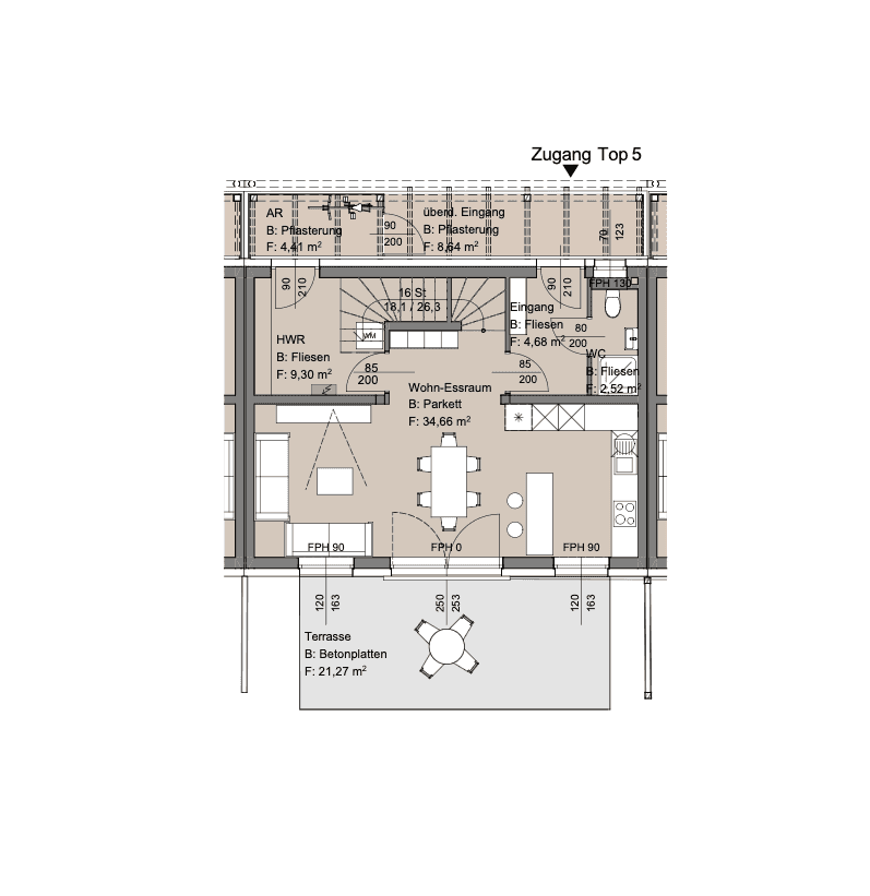 Grundriss des Erdgeschosses mit offenem Wohn-Essbereich, Küche und großer Terrasse.
