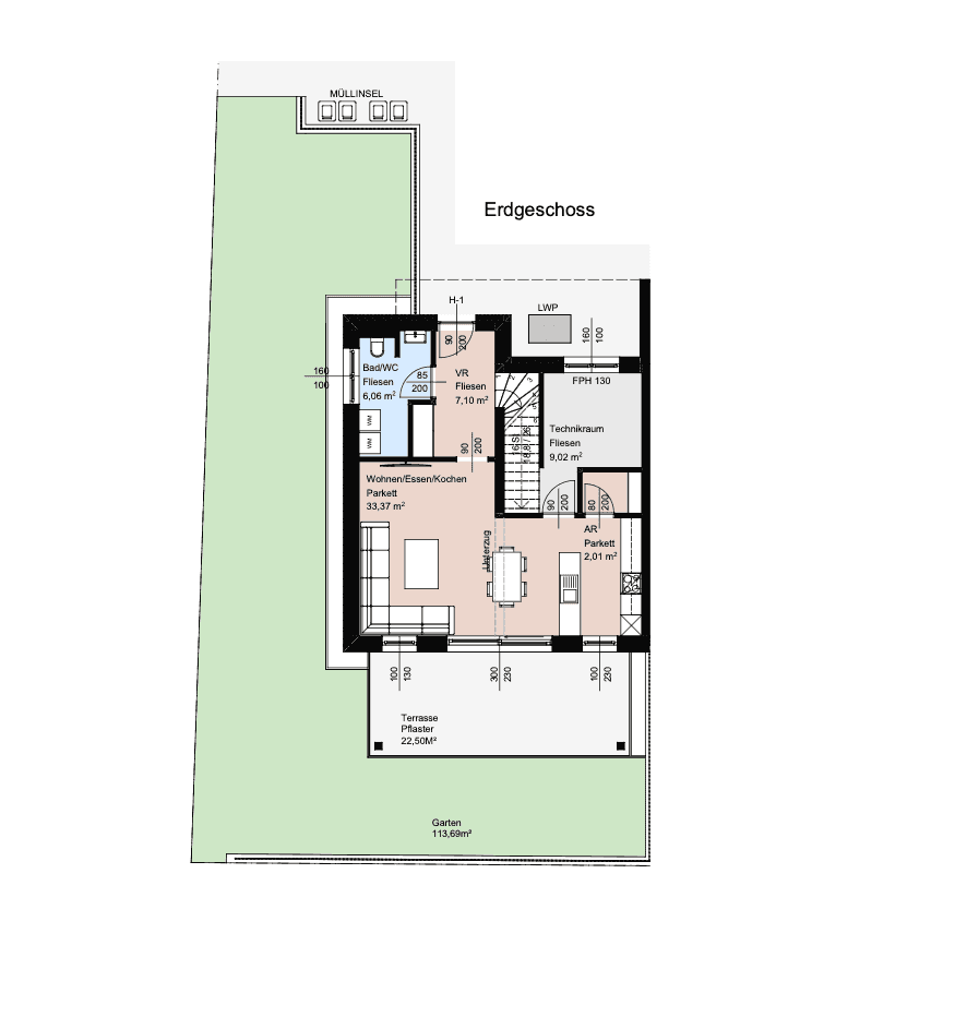 Grundriss des Erdgeschosses mit offenem Wohn-/Kochbereich, Bad, Terrasse und Garten.