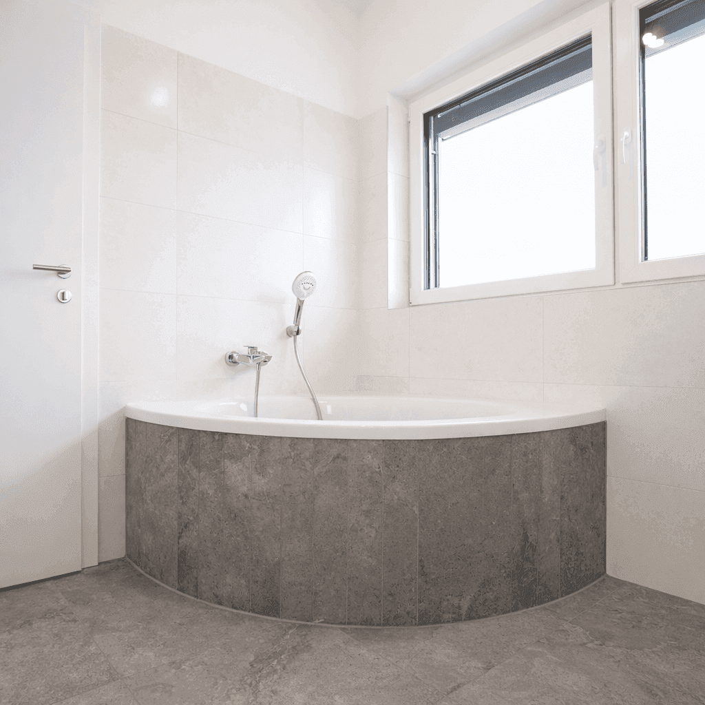Helles Badezimmer mit moderner Eckbadewanne und großen Wandfliesen.