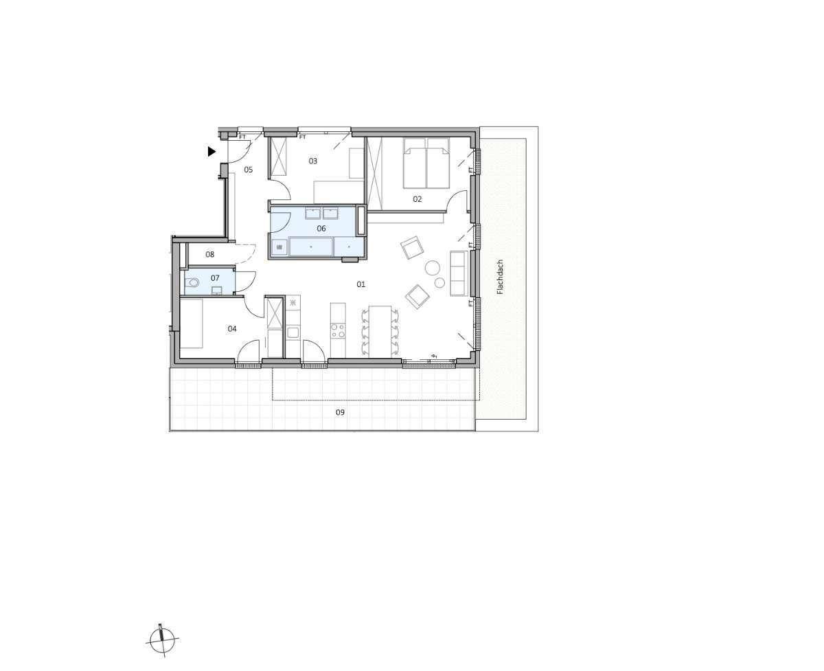Grundriss einer Wohnung mit offenem Wohnbereich, zwei Schlafzimmern und Zugang zu einem Balkon.
