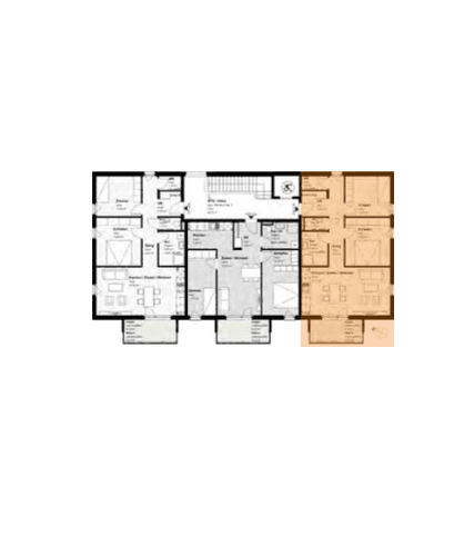 Grundriss einer Etage mit mehreren Wohneinheiten, inklusive hervorgehobenem Bereich.