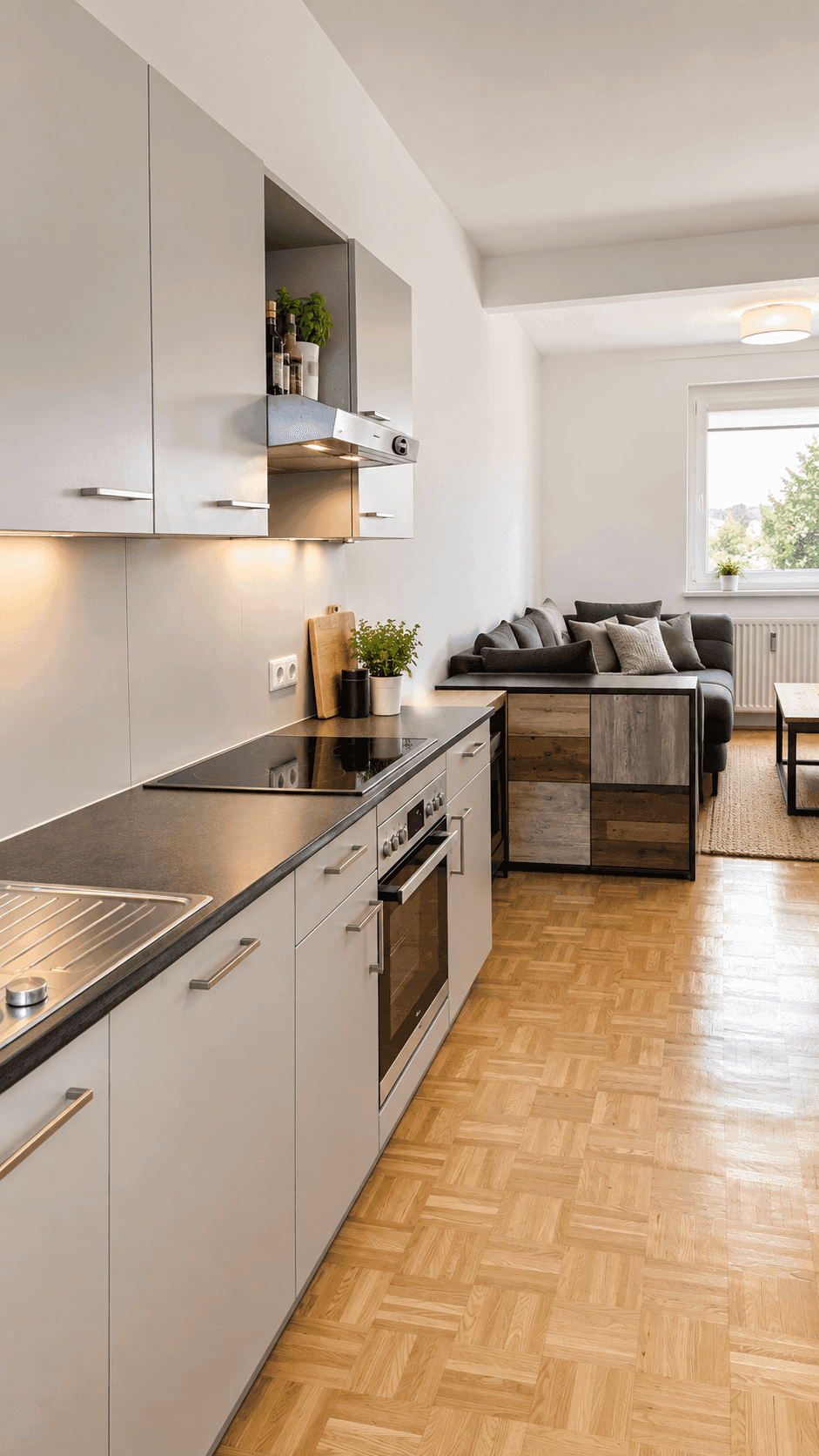 Moderne Küchenzeile mit grauen Schränken, Induktionskochfeld und Blick auf den Wohnbereich.